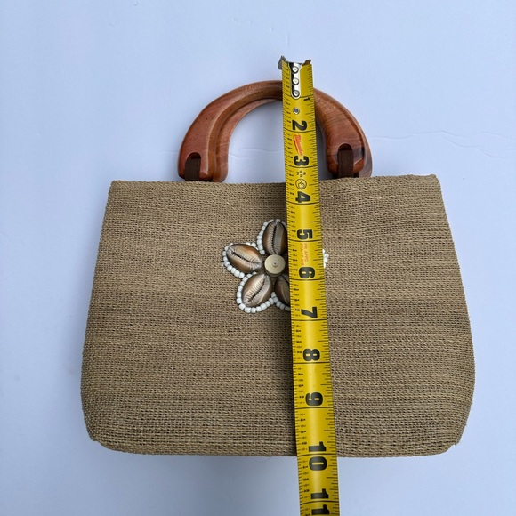Vintage - Beaded Shell Woven Jute Purse / Handbag Wood Natural Fiber Puka Bamboo - Picture 13 of 13